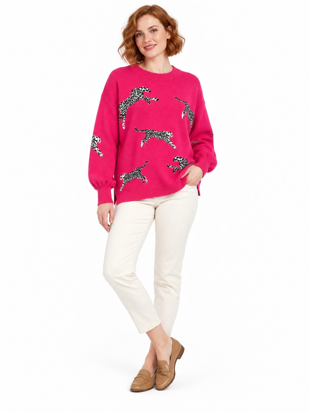 She + Sky Hot Pink Leopard Animal Print Oversized Sweater Women’s Small